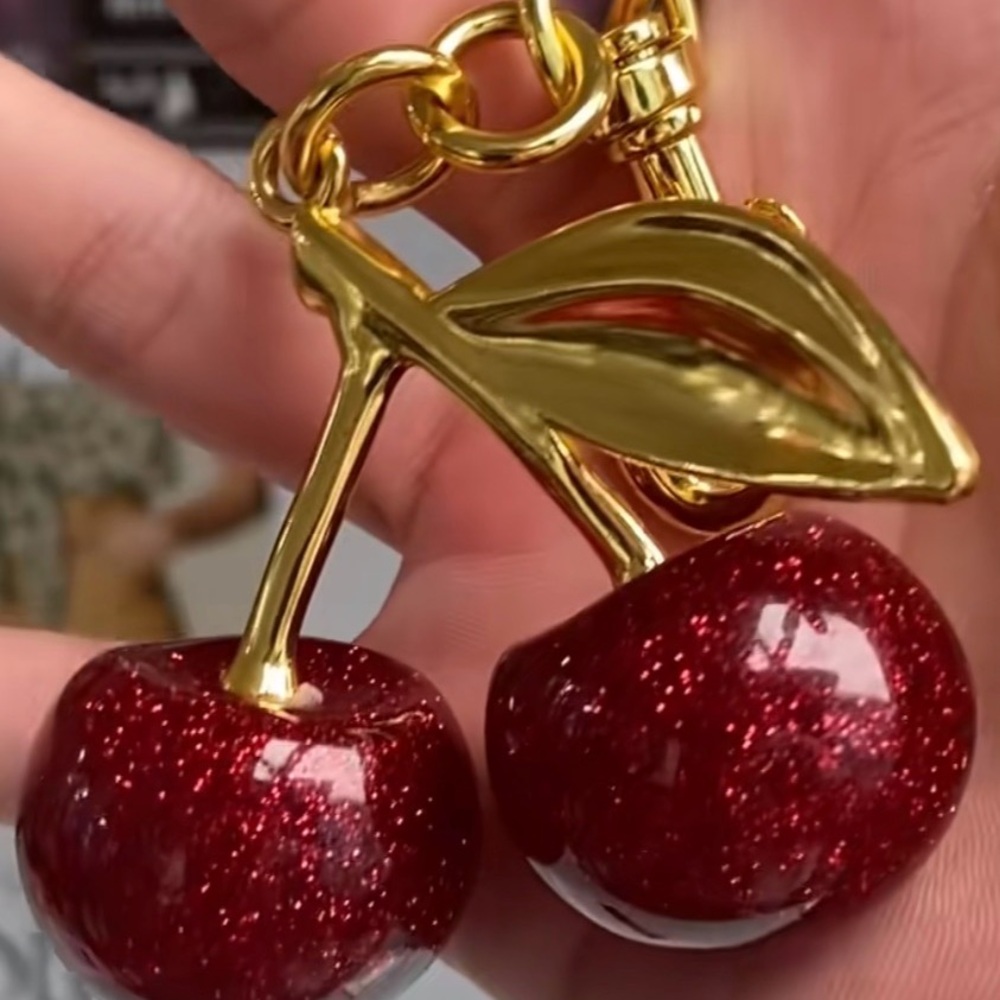 Gold and Red Cherry Keychain Bag Charm